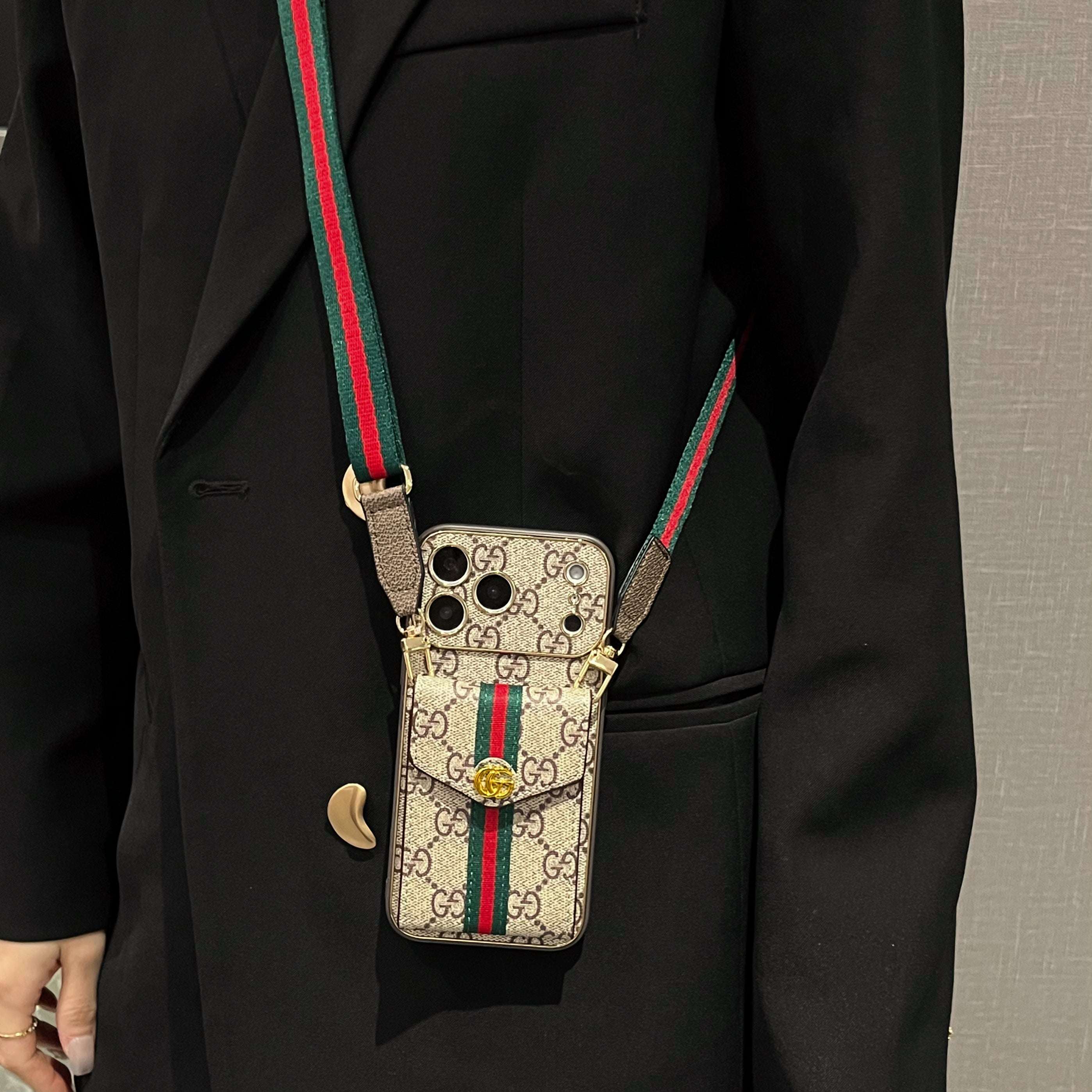 High-quality Leather GG iPhone Case With Card Wallet And Crossbody Strap For iPhone 17 Series-RCGG184
