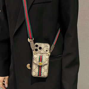 High-quality Leather GG iPhone Case With Card Wallet And Crossbody Strap For iPhone 17 Series-RCGG184