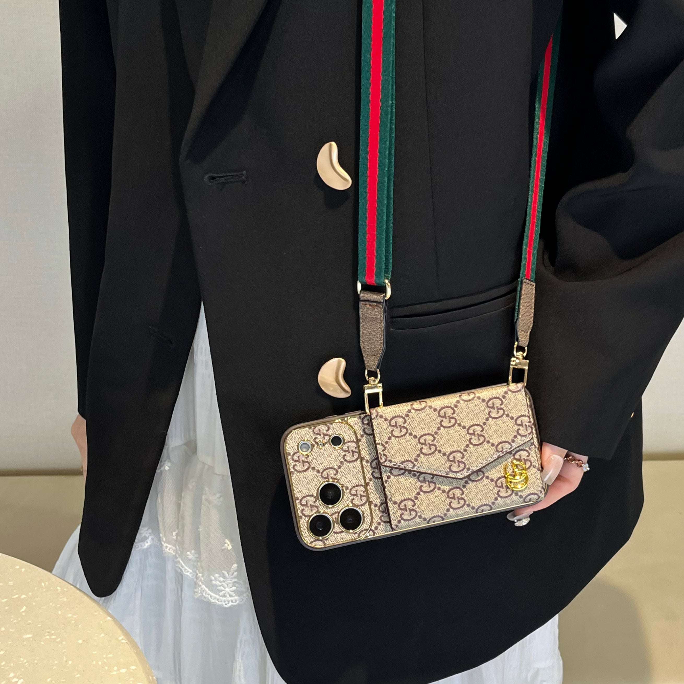 Premium GG iPhone Case With Wallet And Crossbody Strap For iPhone 17 Series-PEGG147