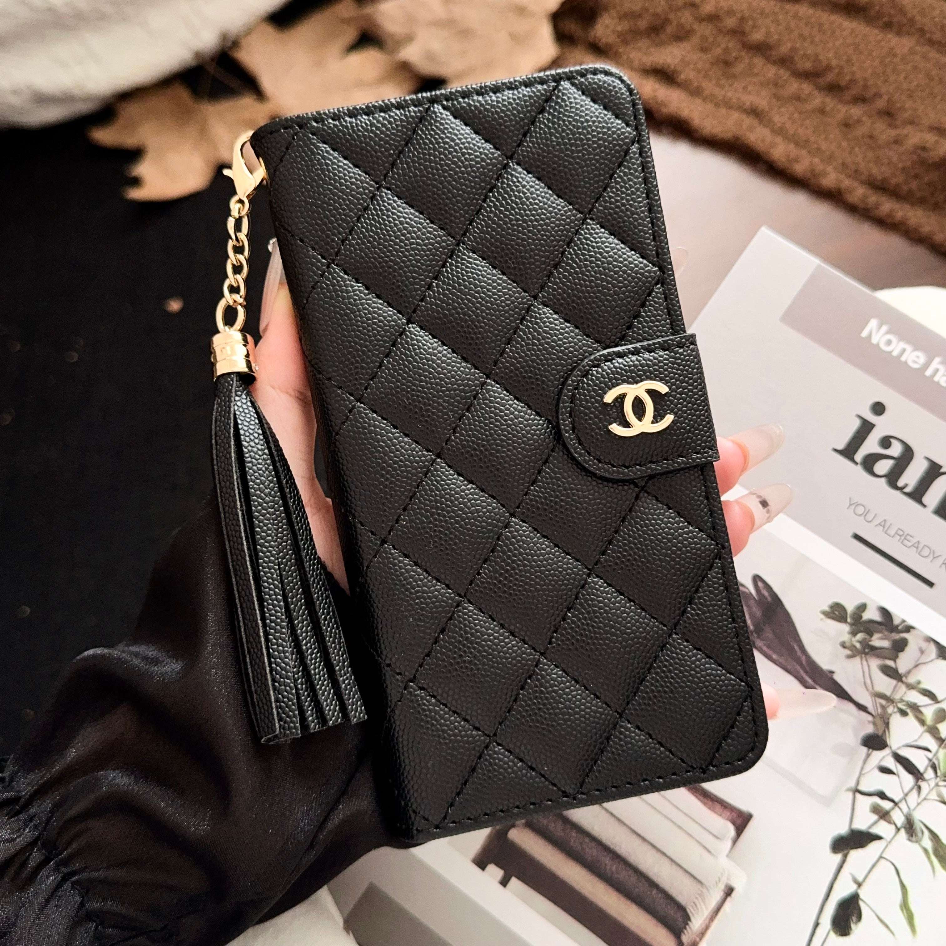Luxury CC iPhone Case With Flip Wallet Black For iPhone 17 Series-PECC164