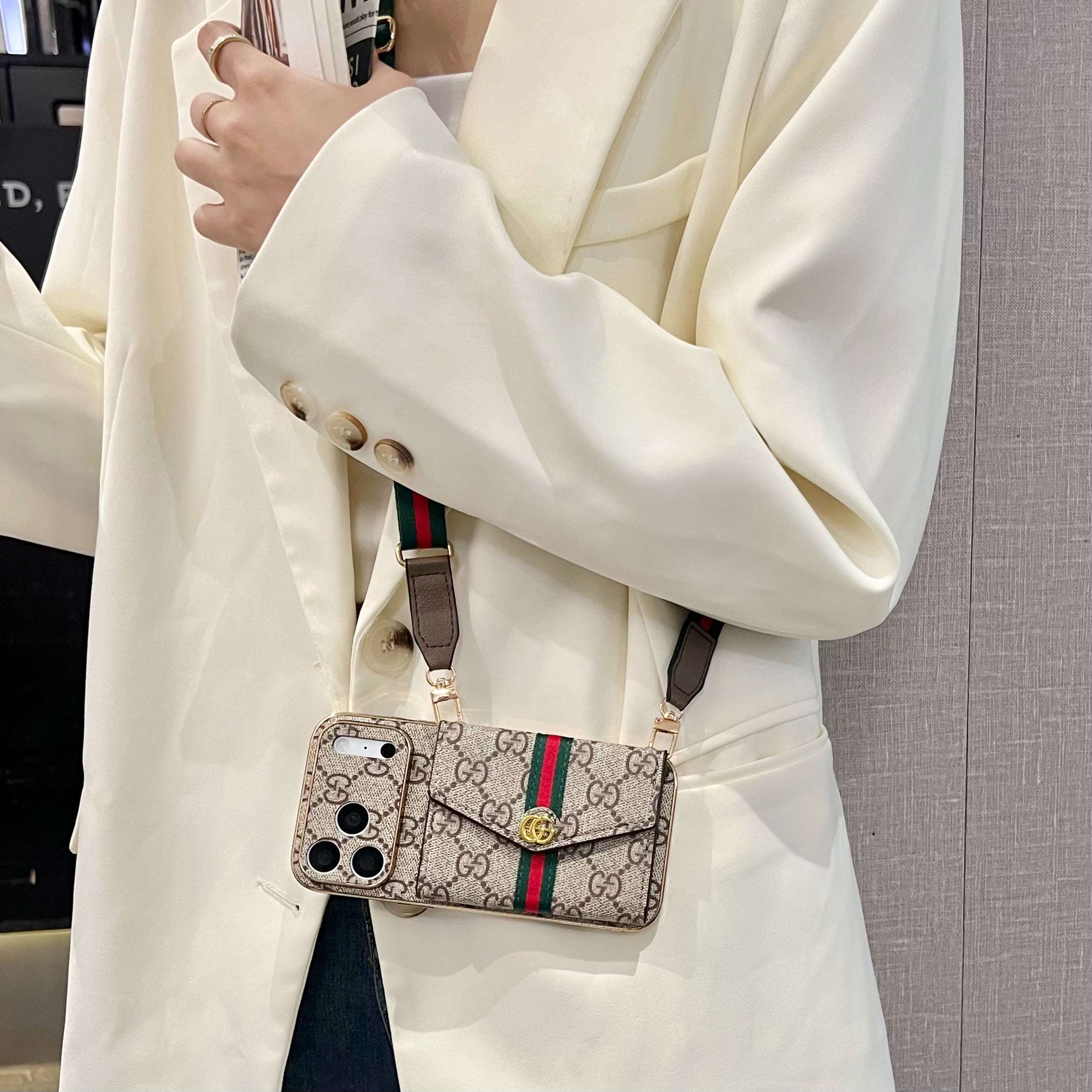 High-quality Leather GG iPhone Case With Card Wallet And Crossbody Strap For iPhone 17 Series-RCGG189