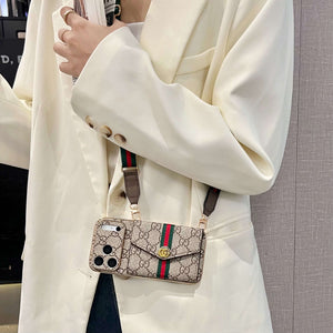 High-quality Leather GG iPhone Case With Card Wallet And Crossbody Strap For iPhone 17 Series-RCGG189