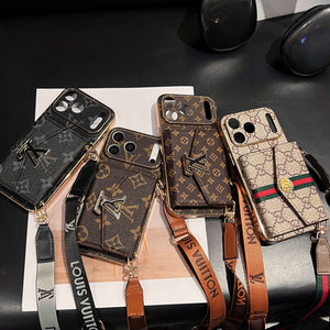 High-quality Leather GG iPhone Case With Card Wallet And Crossbody Strap For iPhone 17 Series-RCGG189