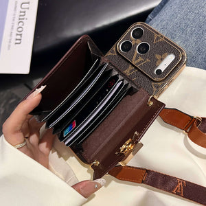 Luxury Leather Monogram iPhone Case With Wallet And Crossbody Strap For iPhone 17 Series-RCLV190