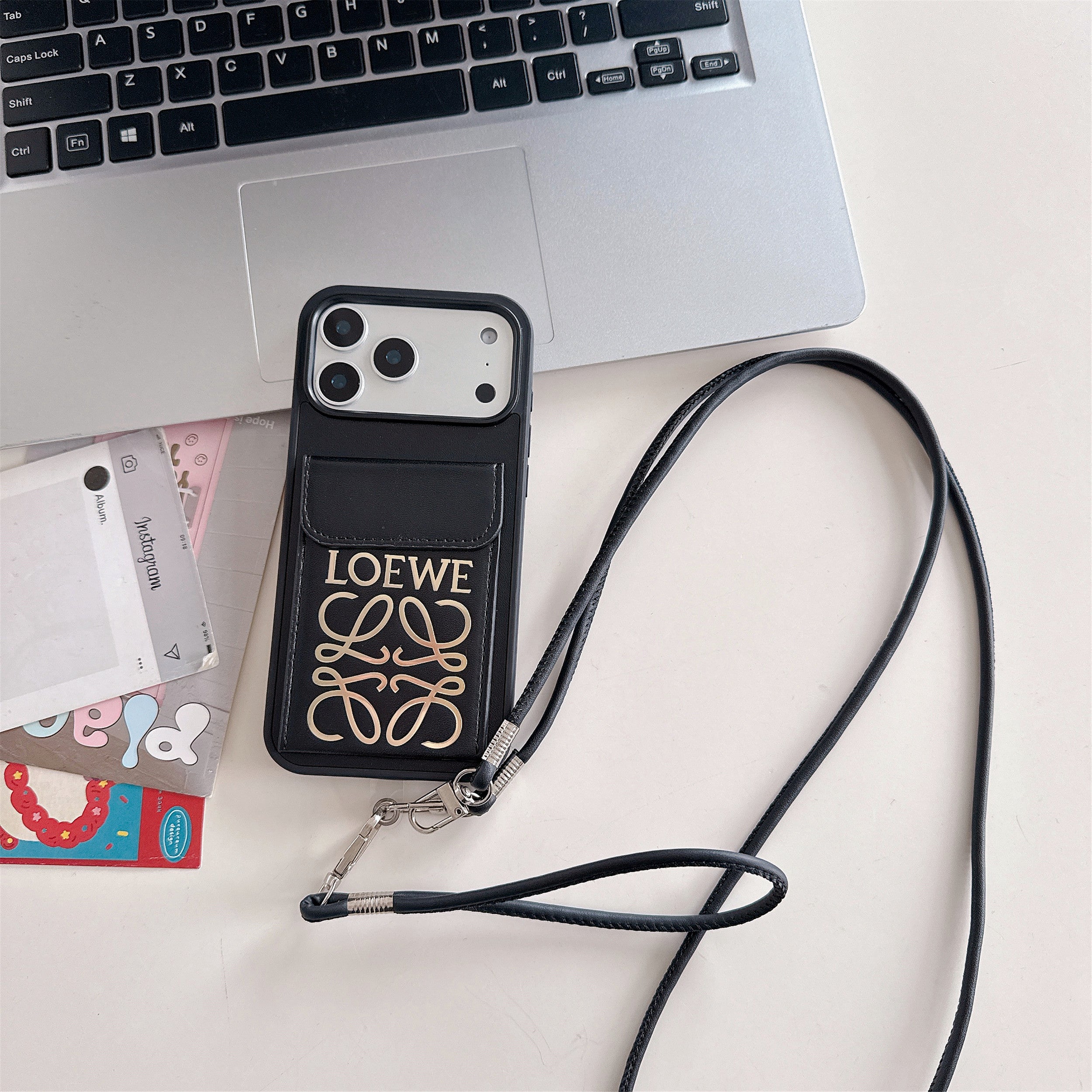 Leather LE Phone Case With Card Holder And Strap For iPhone black | PE2600140