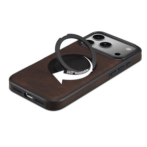 Brown leather iPhone case with built-in stand from PADUCASE, compatible with MagSafe, showcasing the sleek design and functionality.