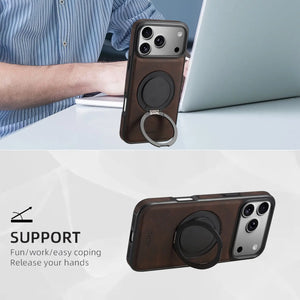 Brown leather iPhone case with built-in stand and MagSafe compatibility by PADUCASE, featuring a sleek, durable design.