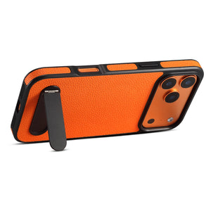 Orange leather iPhone case with built-in stand from PADUCASE, showing a protective cover with a foldable stand feature.