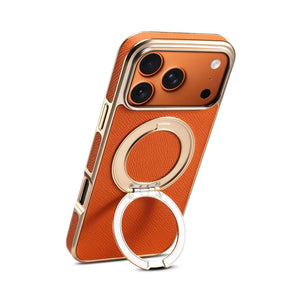 Orange MagSafe leather iPhone case with hand grip by PADUCASE, offering full protection and a stylish, textured design.