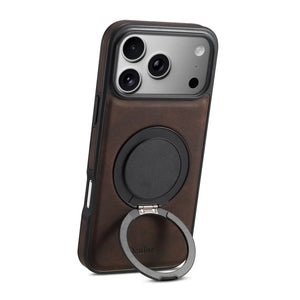 Brown leather iPhone case with built-in stand for MagSafe compatibility, designed by PADUCASE, shown with the case open and closed.