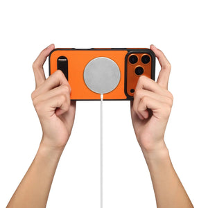 Orange leather iPhone case with built-in stand by PADUCASE, durable protective cover for iPhone models.