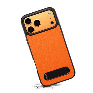 Orange PADUCASE leather iPhone case with built-in stand, showcasing a durable protective cover for iPhone models.