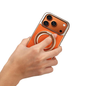 PADUCASE MagSafe leather iPhone case with hand grip in orange, offering full protection and stylish design.