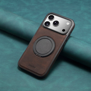 Brown leather iPhone case with stand and MagSafe compatibility by PADUCASE, showing the case on an iPhone with stand feature.