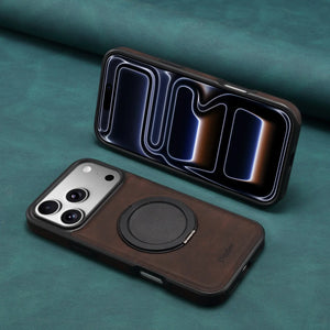 Brown leather iPhone case with built-in stand for MagSafe compatibility, featuring a sleek design by PADUCASE.