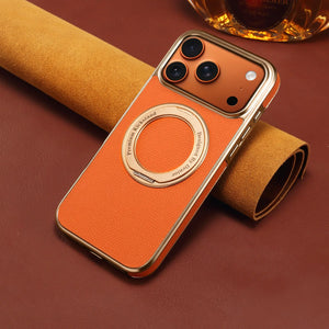 Orange MagSafe leather iPhone case with hand grip by PADUCASE, showcasing full protection and a sleek design.