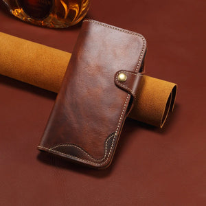 Brown leather iPhone case with card holder and strap, flip folio design by PADUCASE, showing front view with card slots.