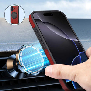 Red MagSafe iPhone case with finger holder for iPhone 12 to 17 by PADUCASE, showing front view with finger grip detail.