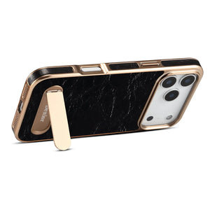 Black leather iPhone case with foldable stand for MagSafe compatibility by PADUCASE, shown on a white background.