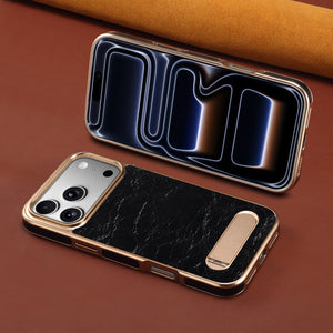 Black PADUCASE leather iPhone case with foldable stand, compatible with MagSafe, showcasing sleek design and sturdy construction.
