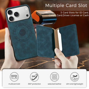 Blue PADUCASE leather iPhone case with MagSafe and magnetic wallet for iPhone 12 to 17 models, showing the case and wallet attachment.