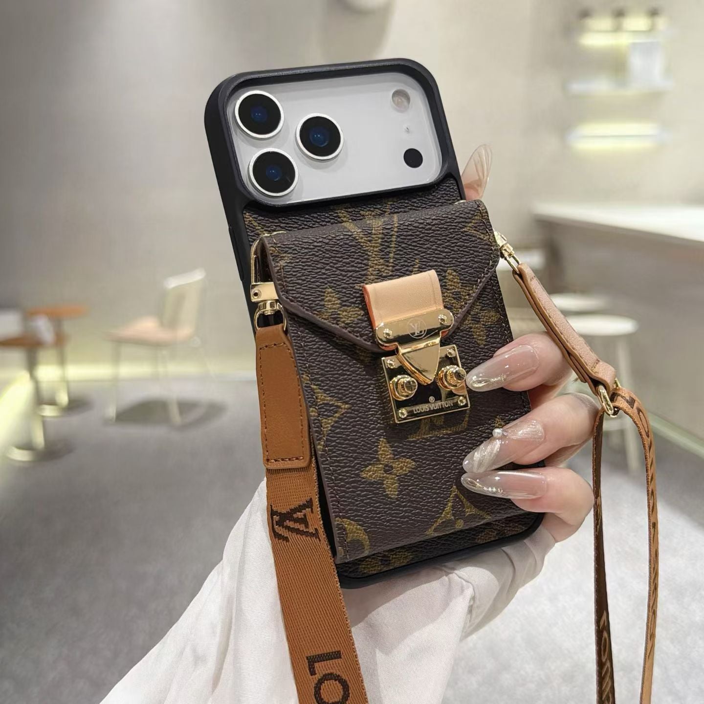 Leather Monogram Phone Case With Wallet And Crossbody Strap For iPhone Big Printing | PE2600157