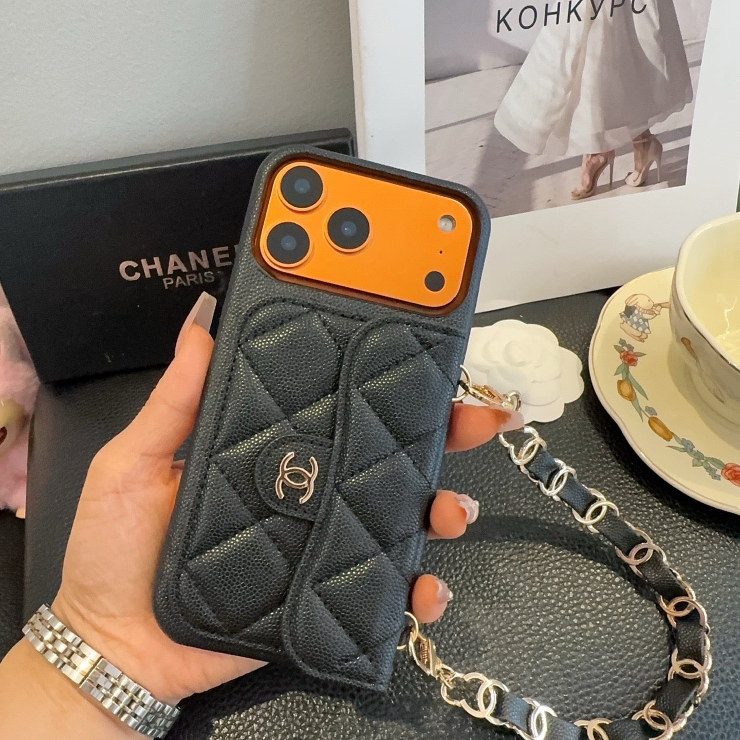 Leather CC Phone Case With Wallet And Crossbody Strap For iPhone black | PE2600147