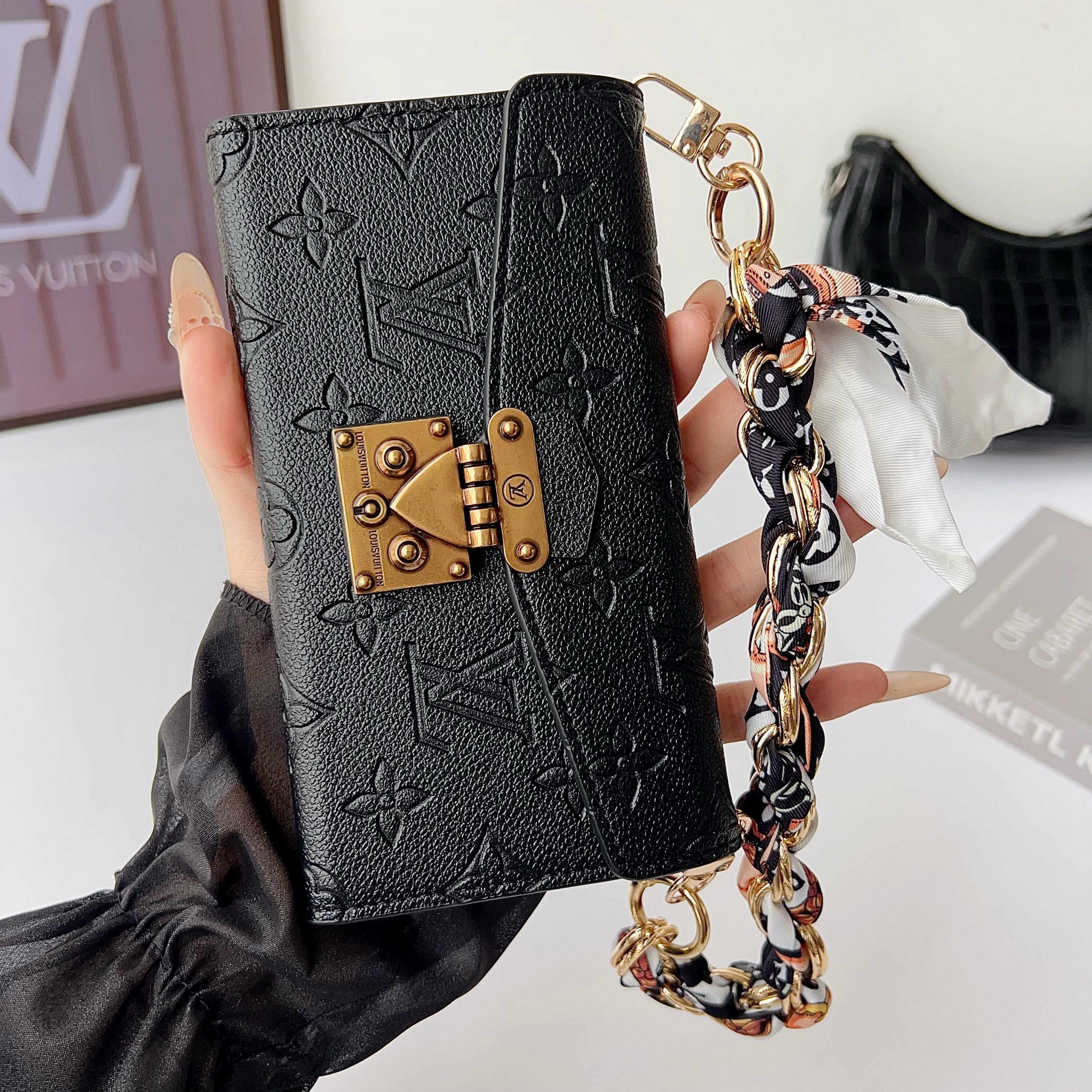 Leather Monogram Phone Case With Flip Wallet For iPhone Pink | PE2600162
