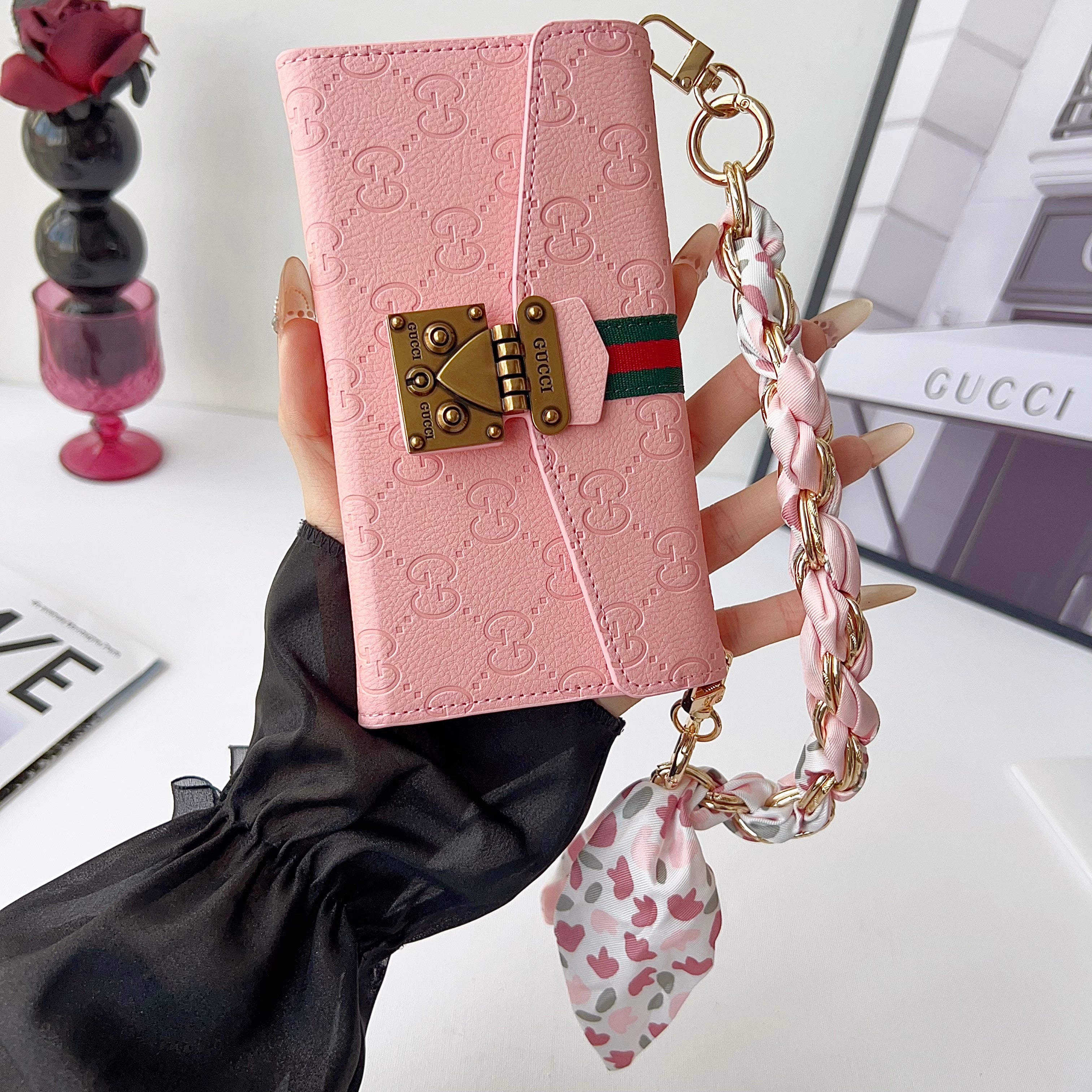 Leather GG Phone Case With Flip Wallet For iPhone Black| PE2600163
