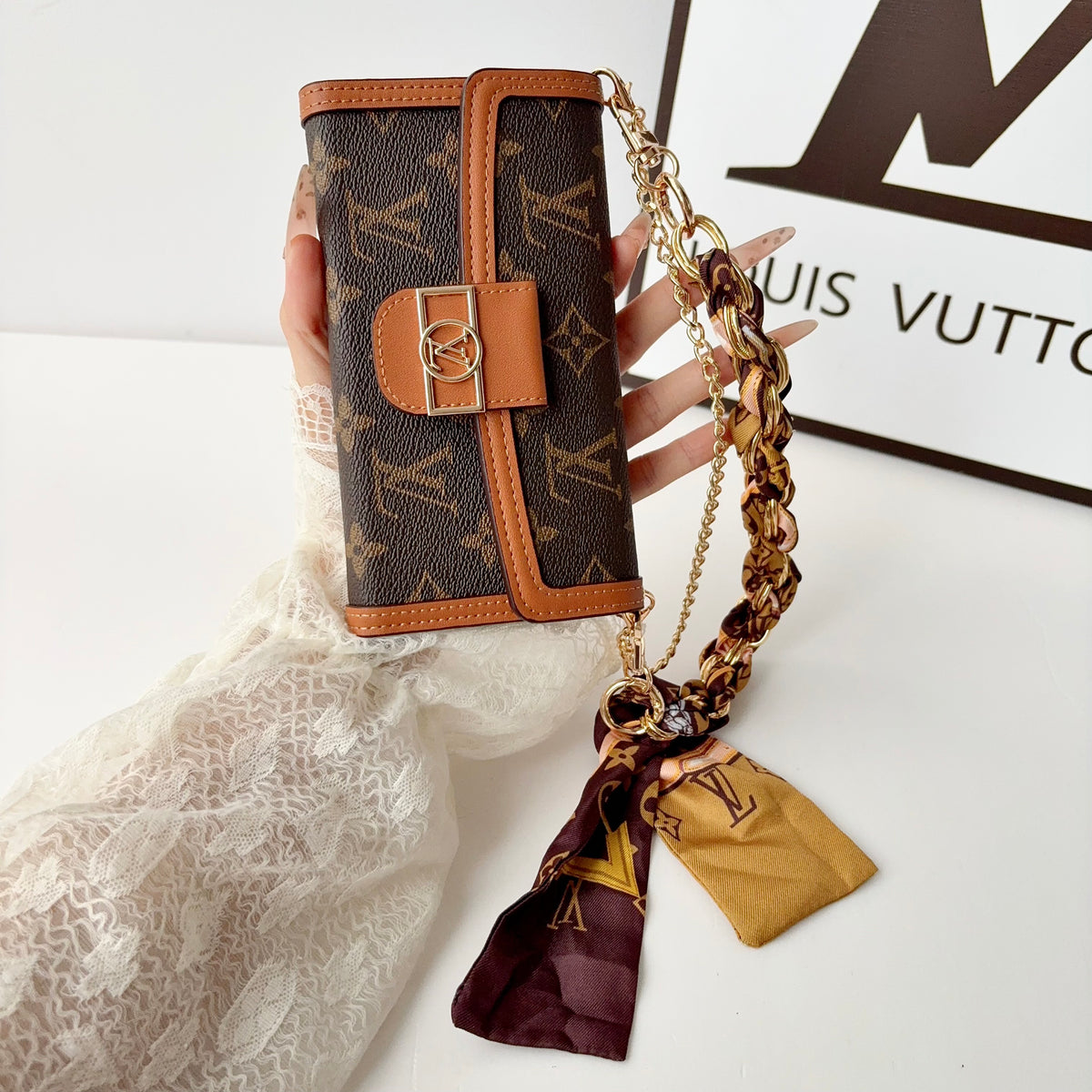 Leather Monogram iPhone Case With Flip Wallet And Chain | PE2600176