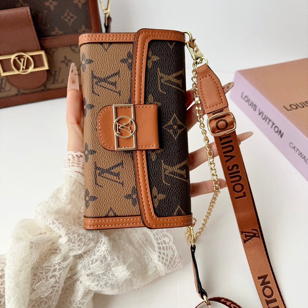 Leather Monogram iPhone Case With Flip Wallet And Crossbody Strap | PE2600177