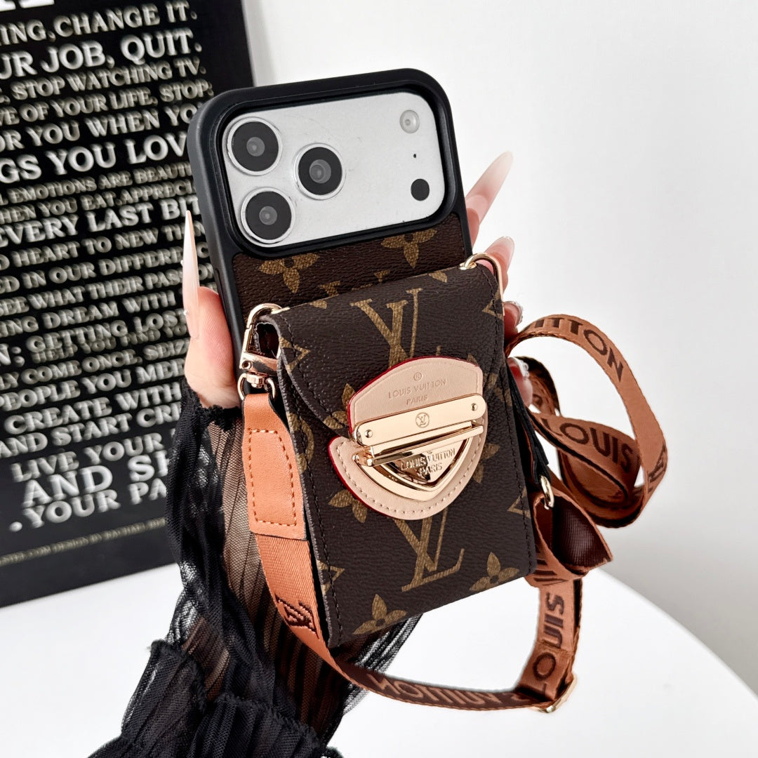 Leather Monogram Phone Case With Card Holder And Crossbody Strap For iPhone| PE2600200