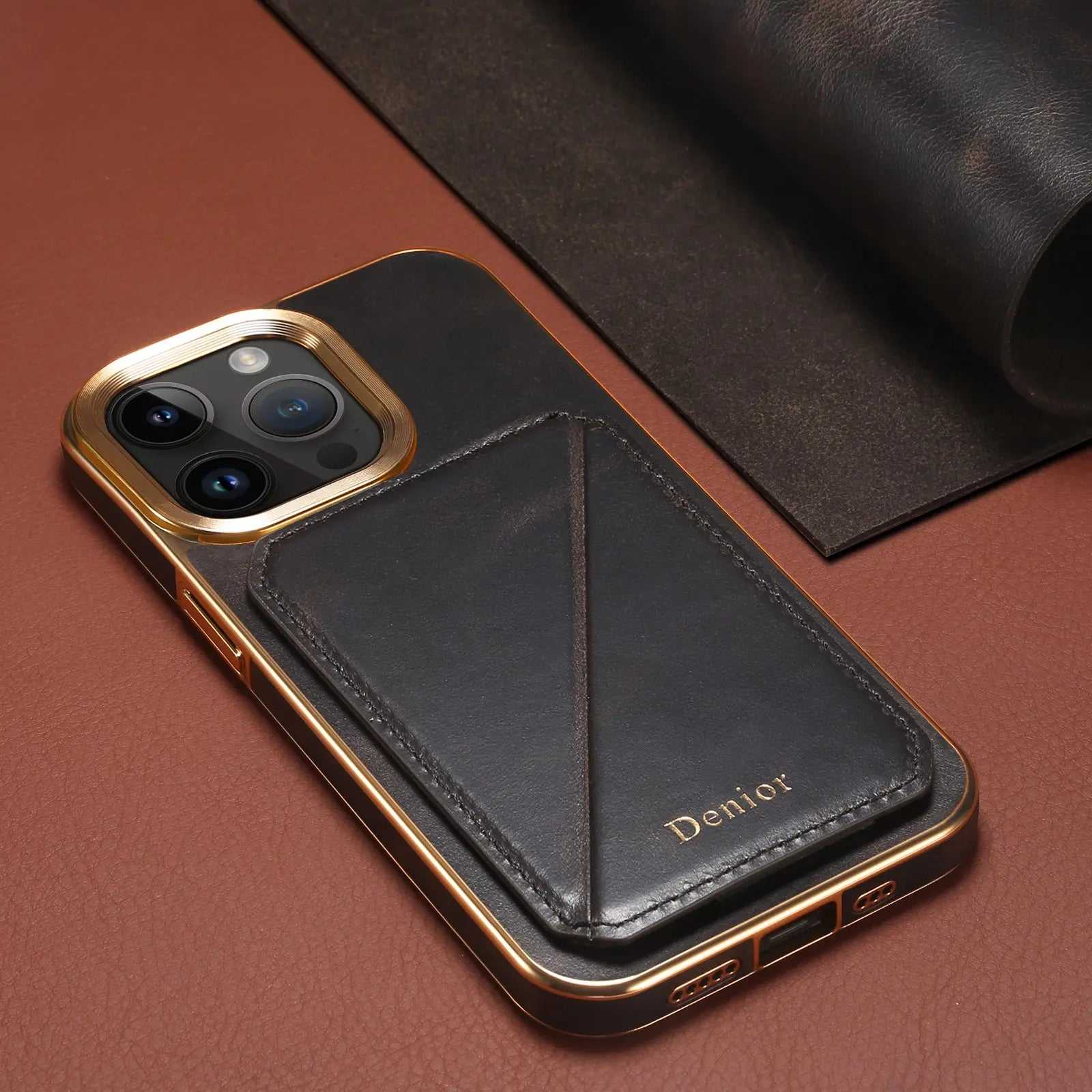 Black leather iPhone case by PADUCASE with hidden card slot, durable protective cover, and sleek design.
