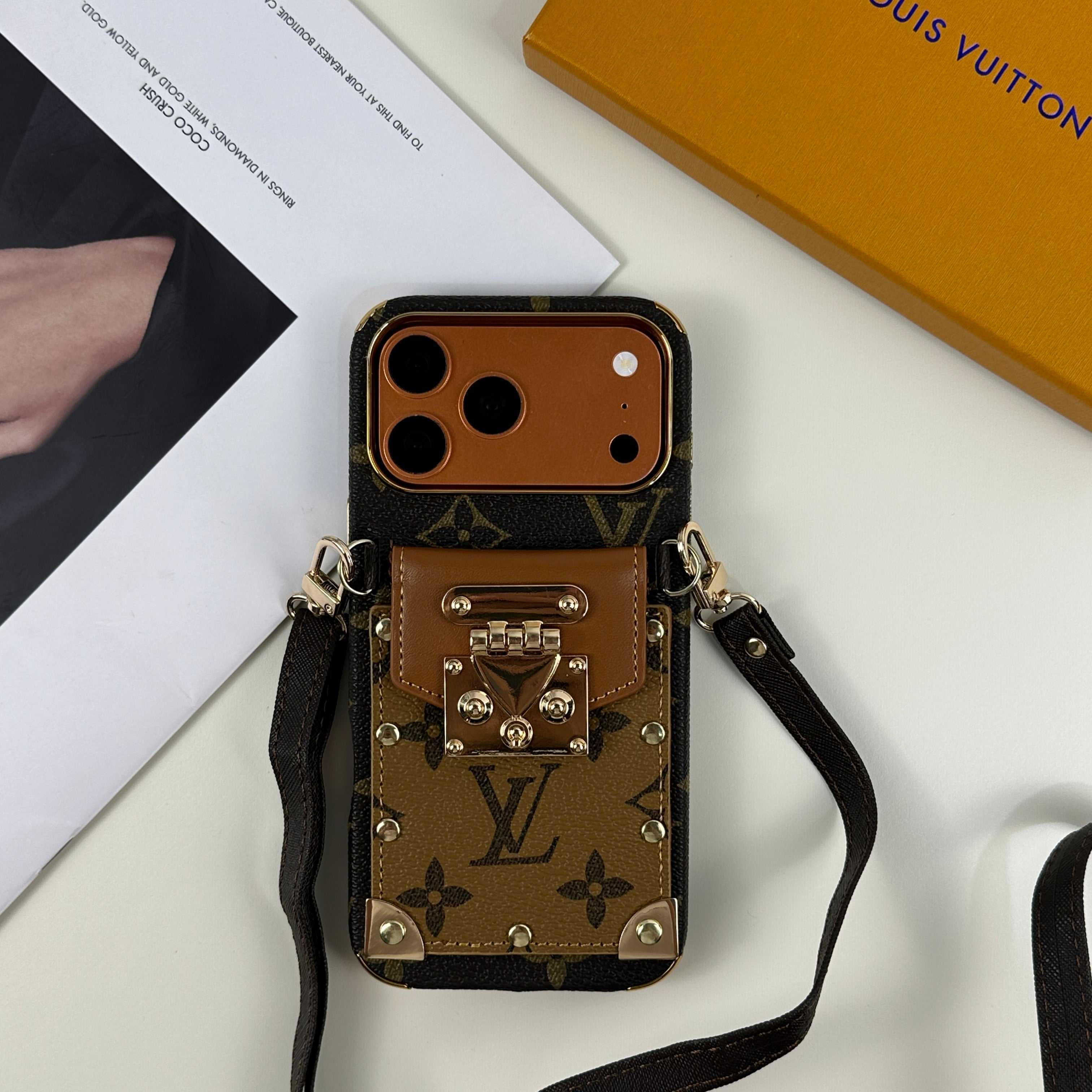 Refined leather  Monogram iPhone Case With Wallet And Crossbody Strap For iPhone 17 Series Brown-RCLV138