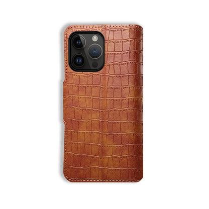 Alligator Print Phone Case With Wallet And Strap For iPhone Brown-644008992020