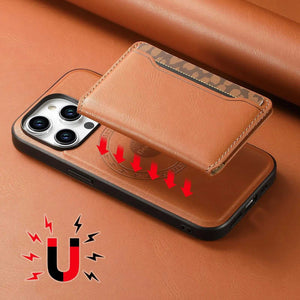 PADUCASE MagSafe iPhone case with khaki card holder and wallet attachment, designed for easy card storage and secure phone protection.