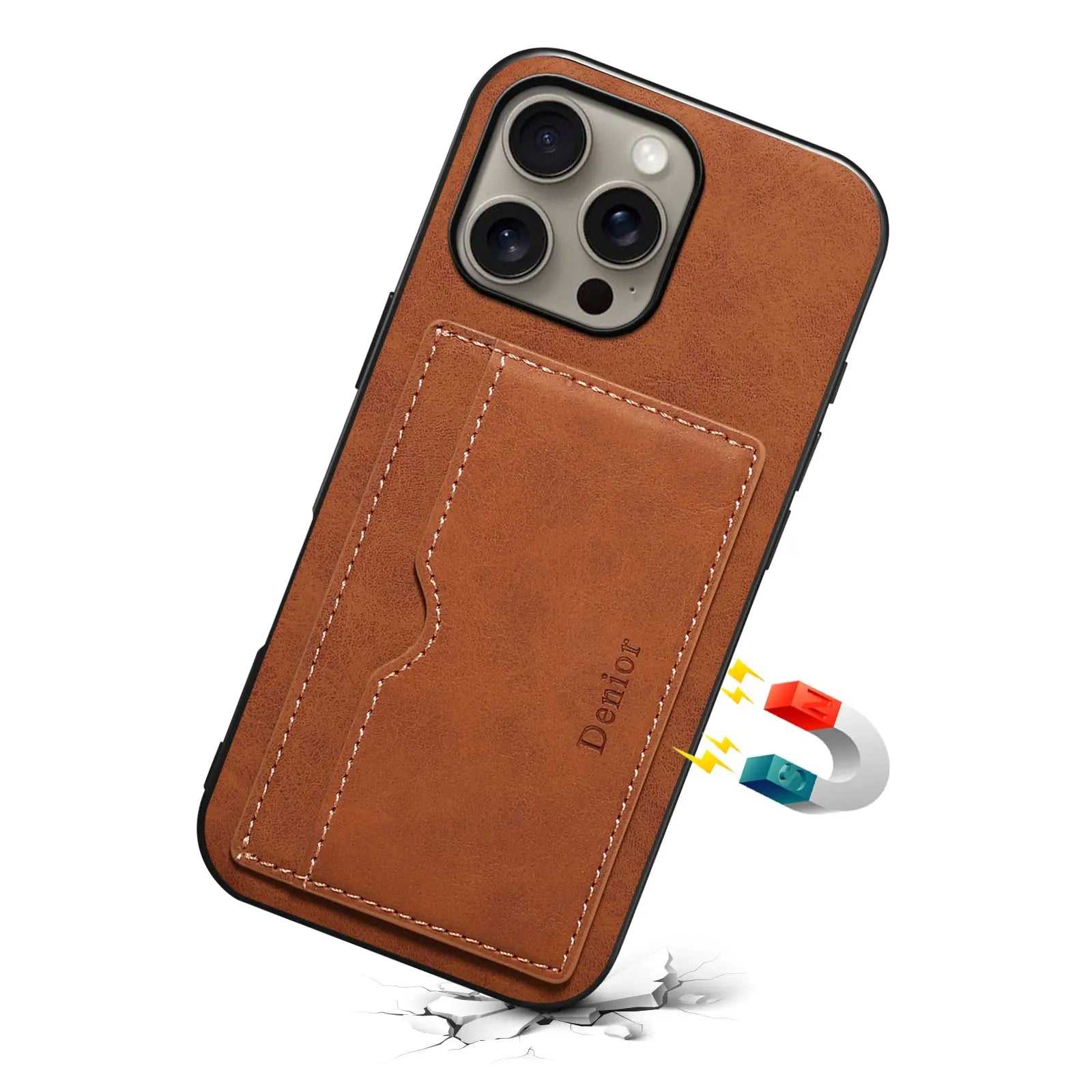 Brown leather wallet iPhone case by PADUCASE with full protection, featuring card slots and sleek design for iPhone models.