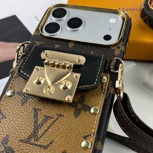 Luxury Leather  Monogram iPhone Case With Wallet And Crossbody Strap For iPhone 17 Series Black-RCLV137
