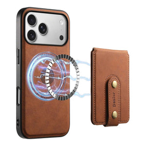 Brown leather MagSafe wallet iPhone case for iPhone 12 to 17, showing the slim design with card slots and magnetic attachment.