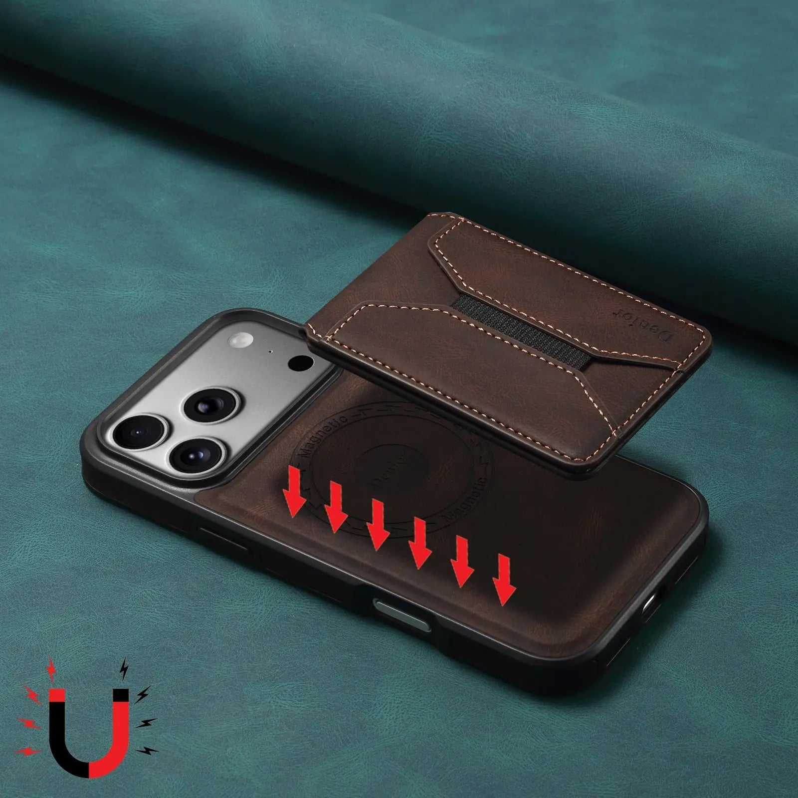 Brown leather MagSafe wallet iPhone case by PADUCASE, featuring a sleek design and card storage on the back.