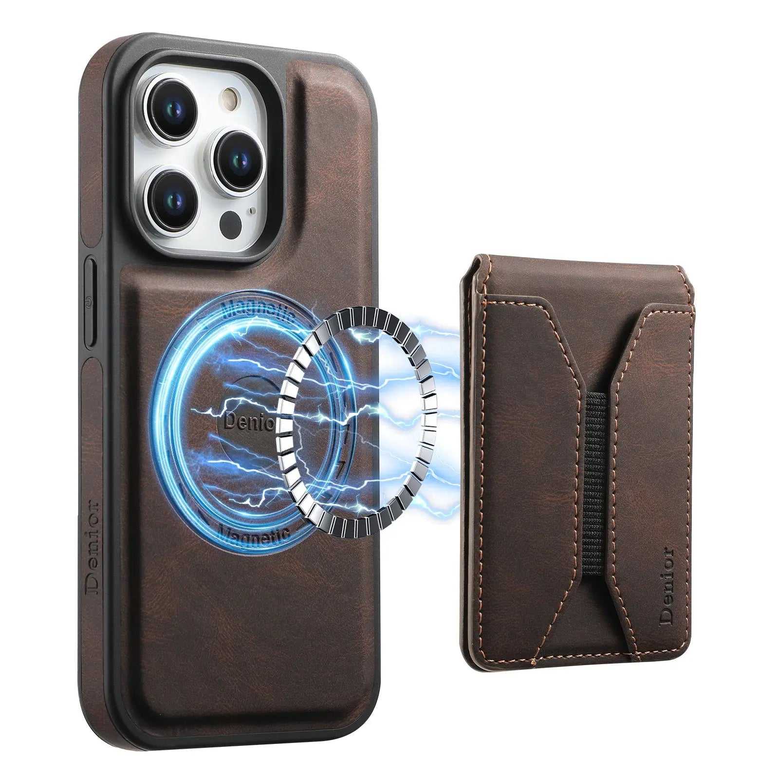 Brown leather MagSafe iPhone case with built-in magnetic card holder by PADUCASE, showing the case fitted on an iPhone.