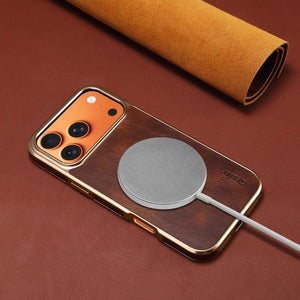Brown leather iPhone case compatible with iPhone 12 to 17, featuring a sleek, protective design by PADUCASE.
