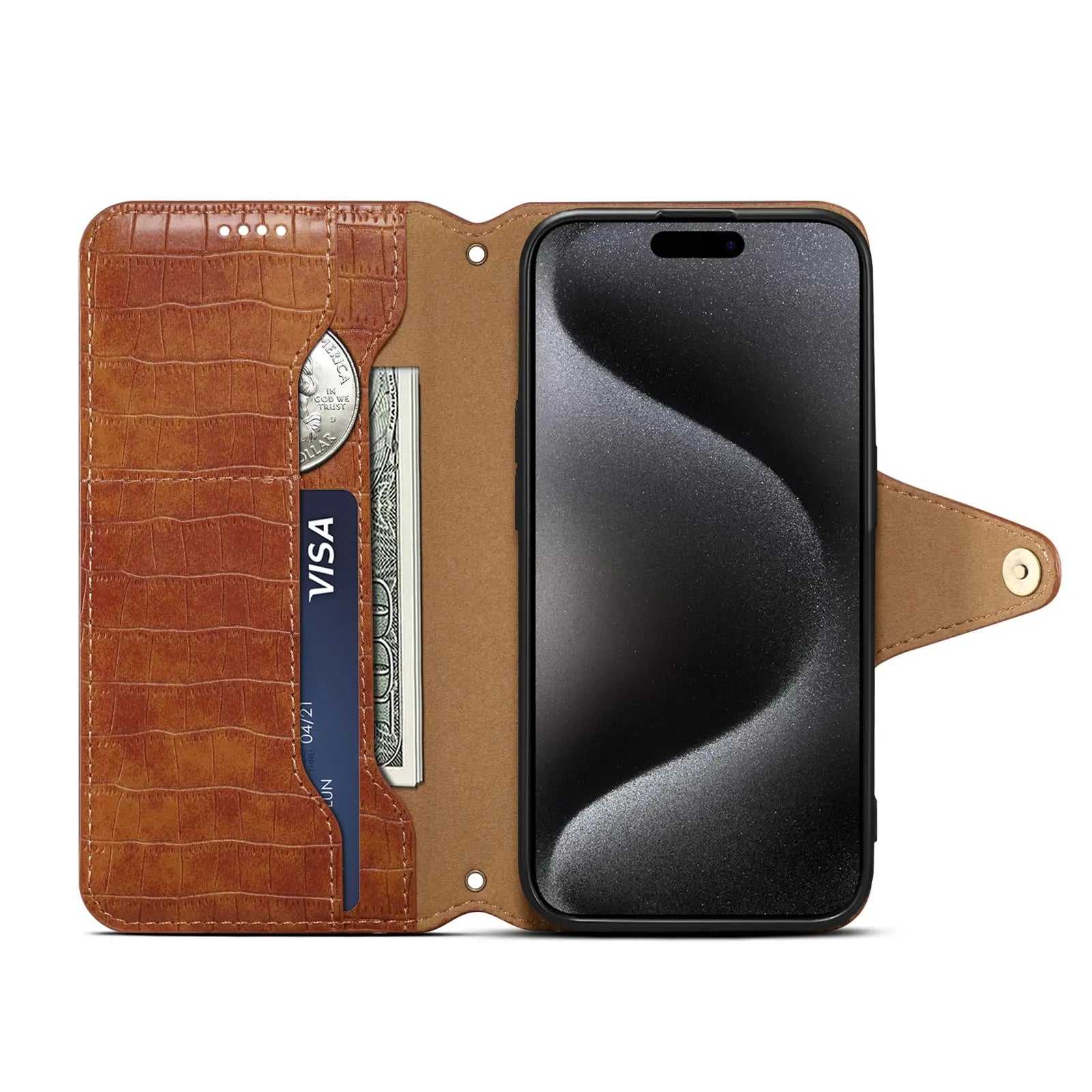 Brown leather flip iPhone case by PADUCASE with card holder and strap, showing front view with open flip and card slot details.