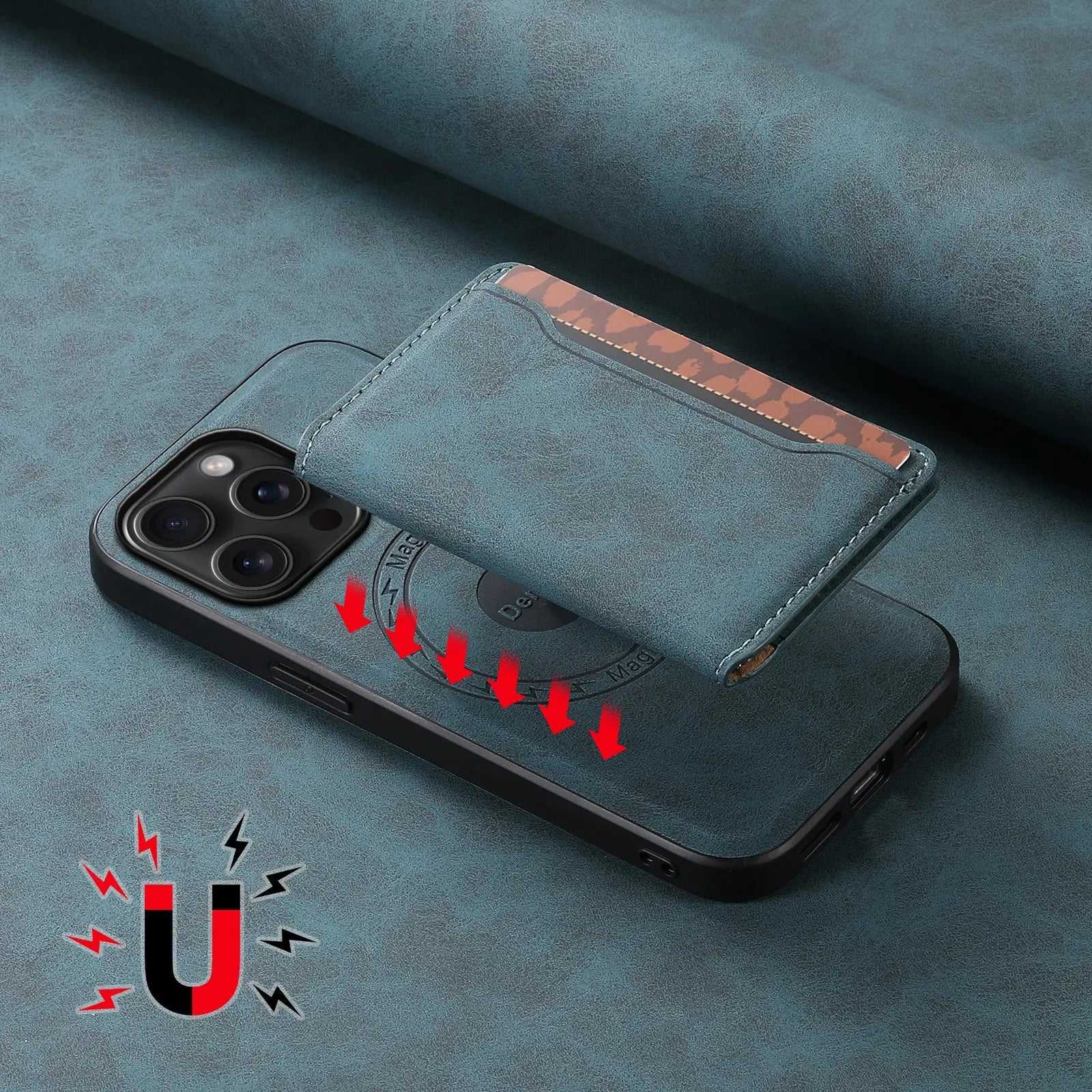 Blue leather iPhone case with MagSafe card holder by PADUCASE, showing the sleek design and integrated card slot.