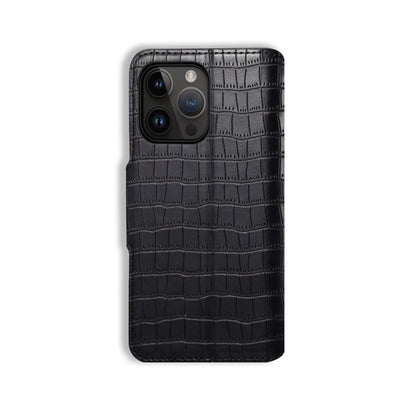 Alligator Print Phone Case With Wallet And Strap For iPhone Black-644008992013