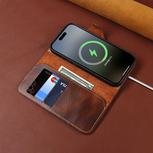 Brown PADUCASE iPhone case with card holder, strap, and leather flip folio design, providing protective and stylish phone cover.
