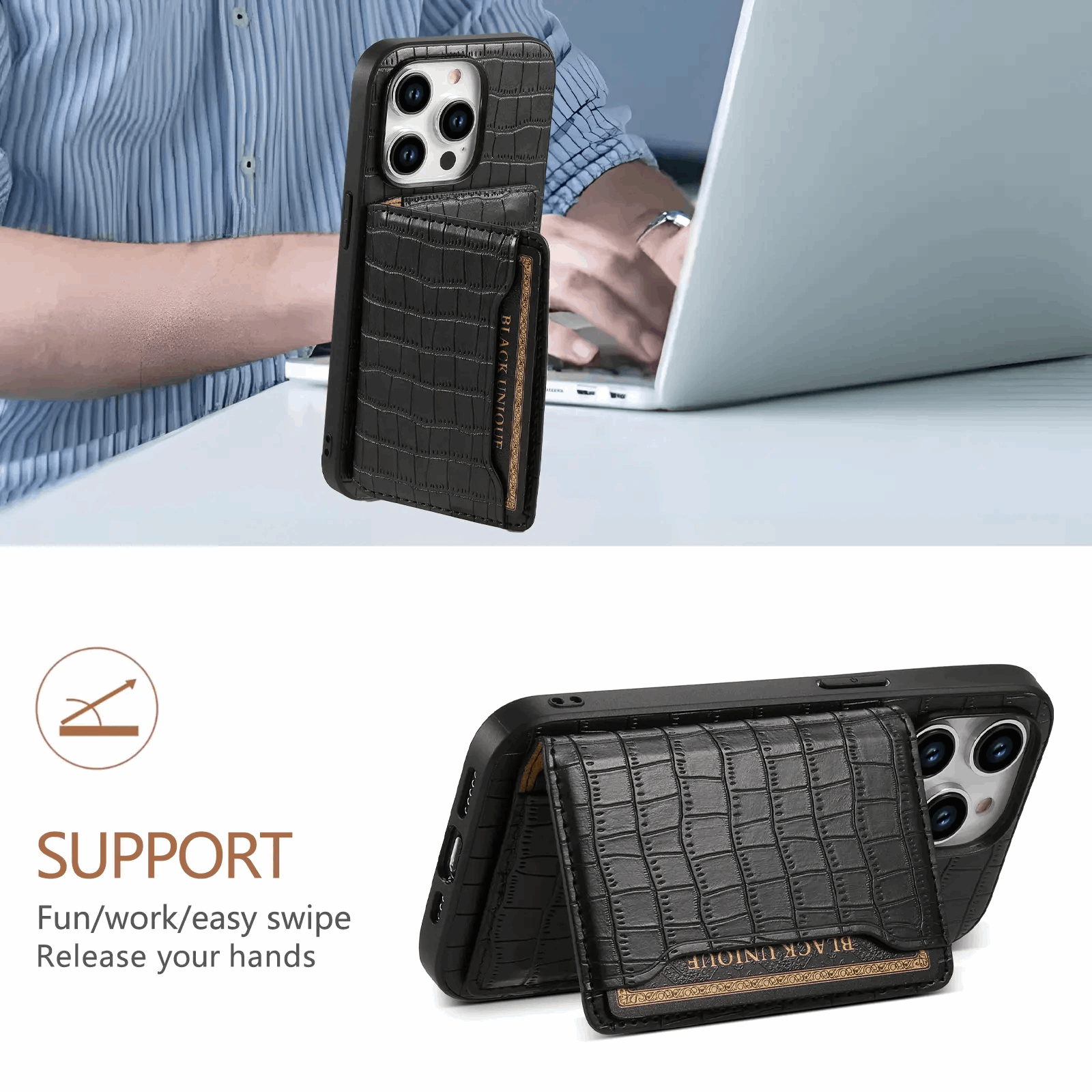 Black leather wallet iPhone case by PADUCASE featuring a sleek design and card slots, shown on a smartphone.