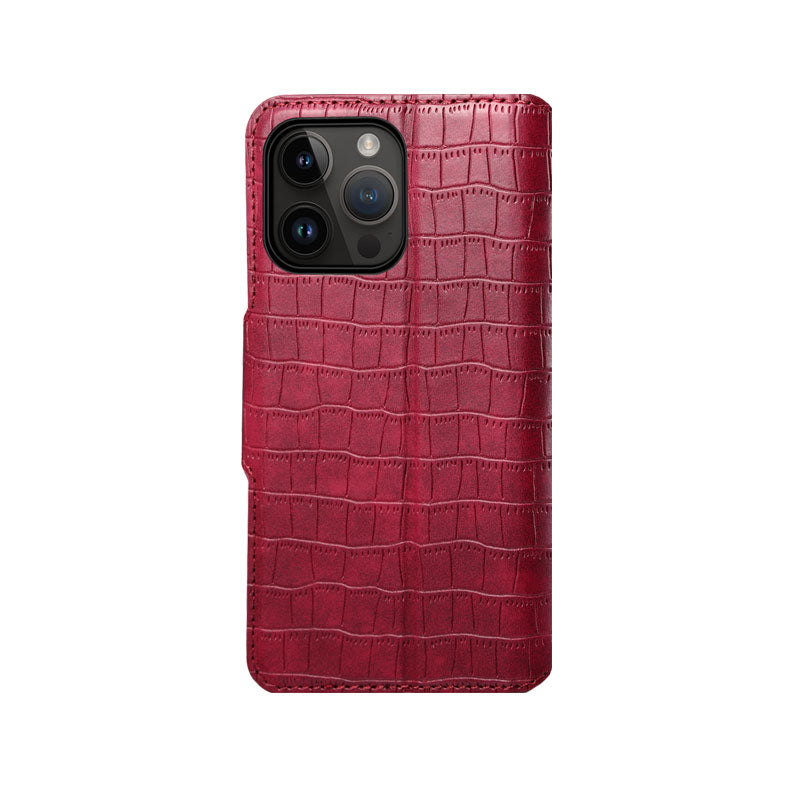 Alligator Print Phone Case With Wallet And Strap For iPhone Black-644008992013
