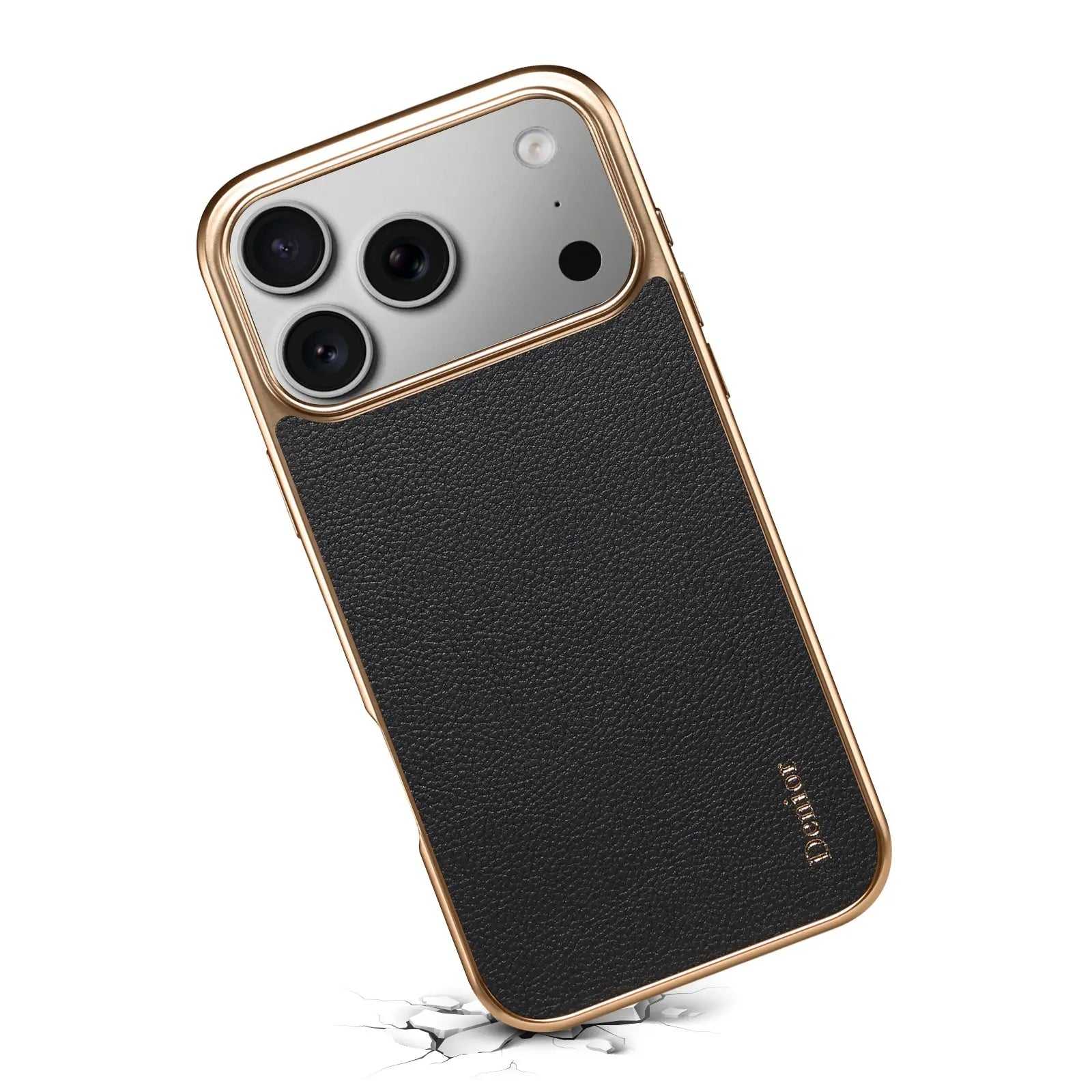 Black luxury leather iPhone case by PADUCASE with a sleek design, shown on a modern smartphone.
