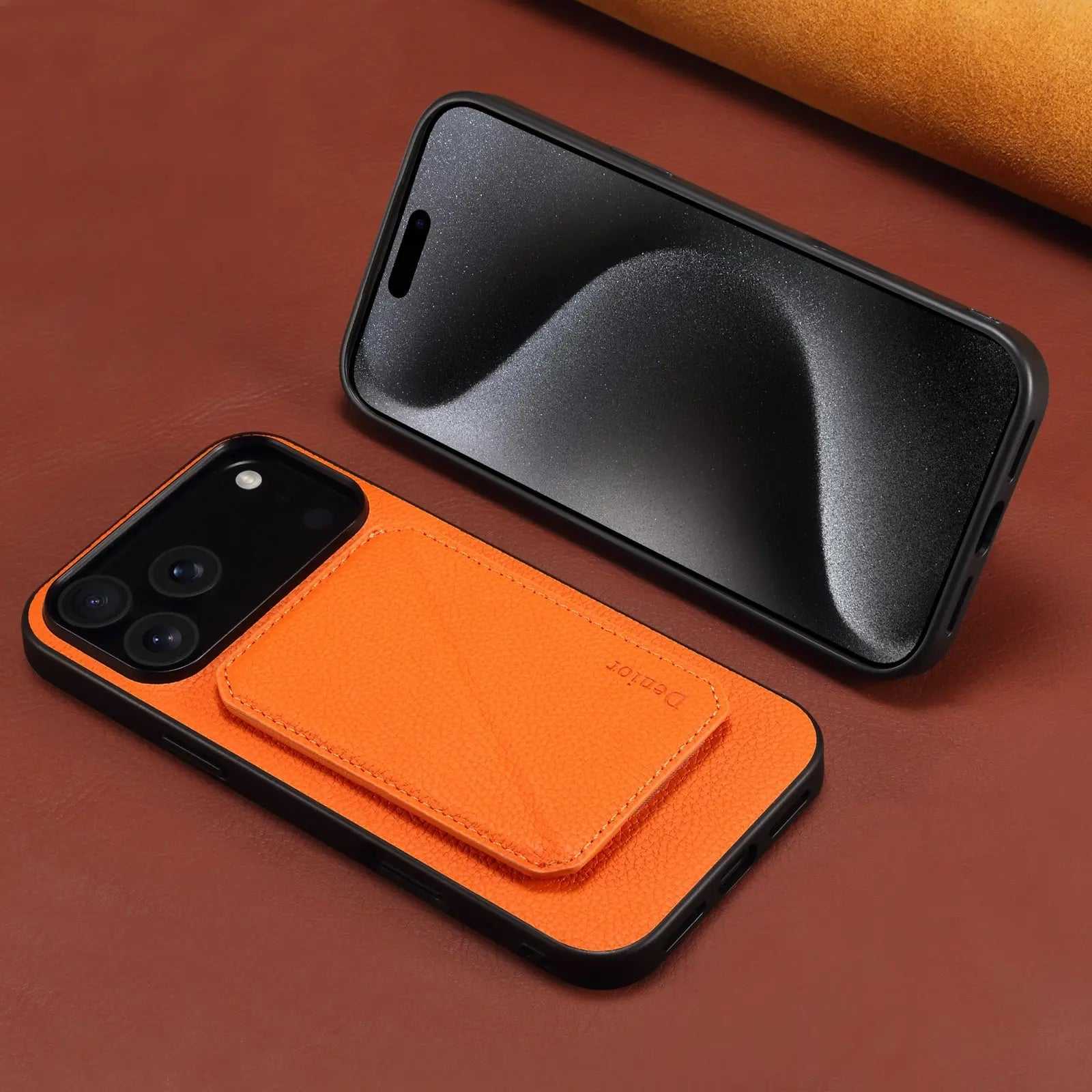 Orange leather MagSafe iPhone case with hidden card slot, durable protective cover by PADUCASE, showing front view with card slot detail.